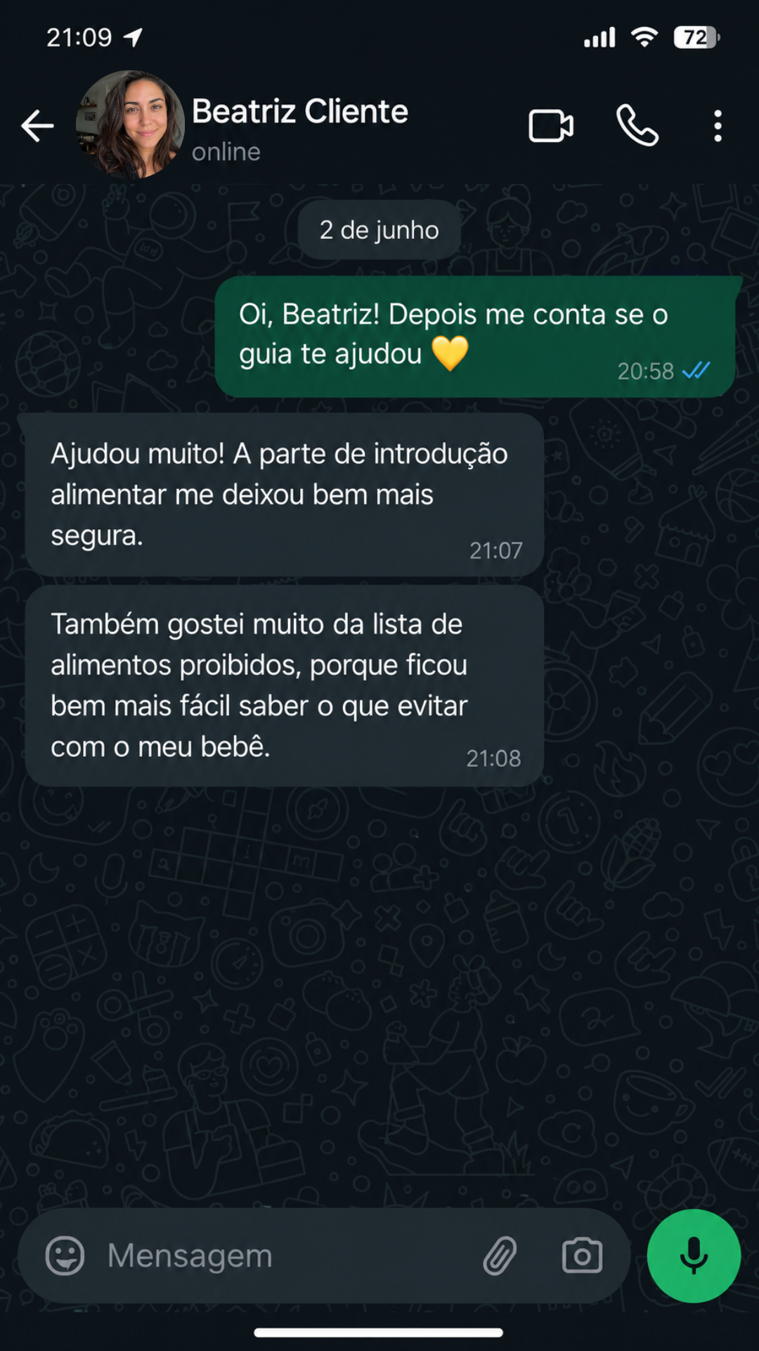Conversa de mãe no WhatsApp sobre o guia 2