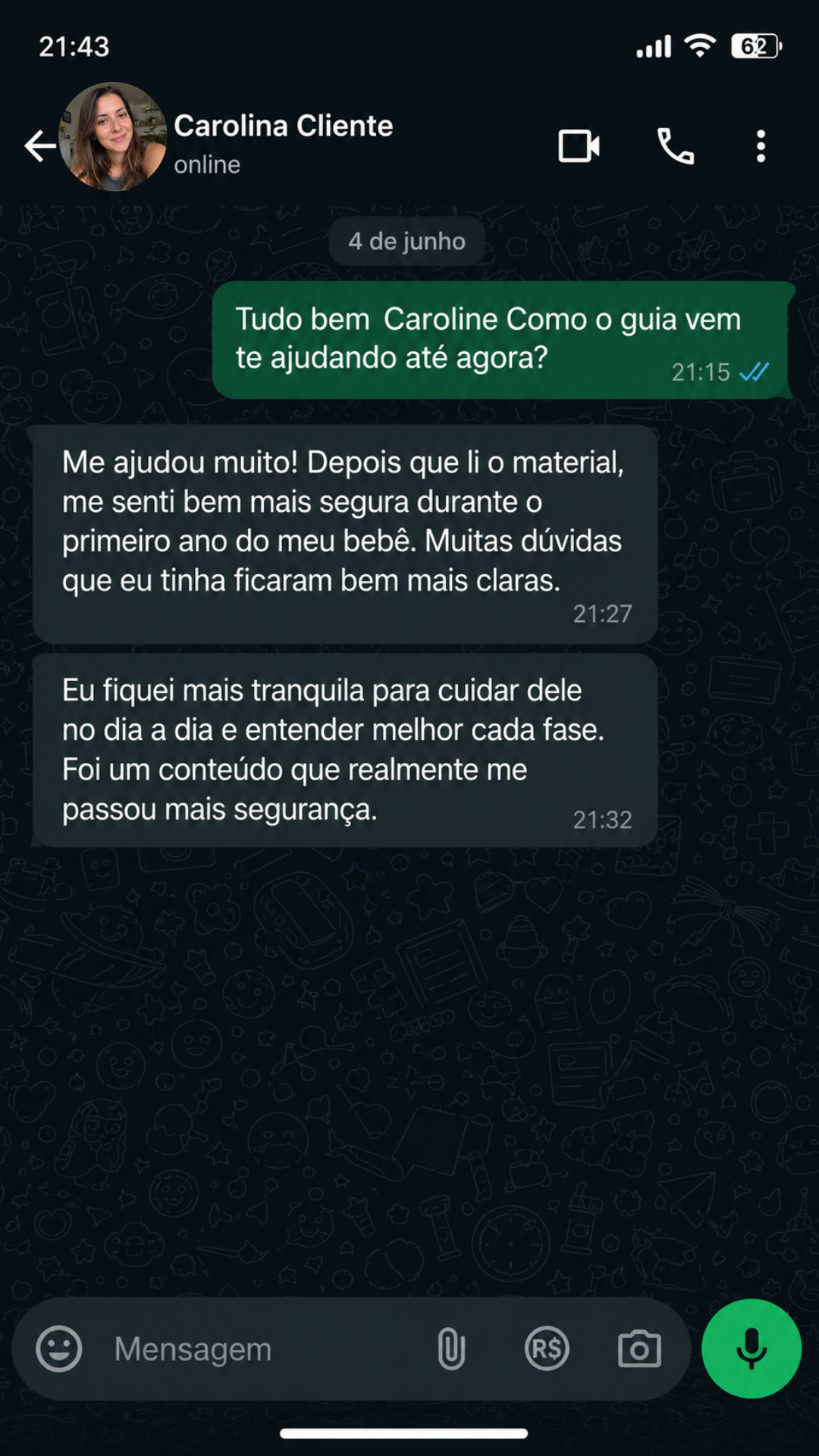 Conversa de mãe no WhatsApp sobre o guia 8